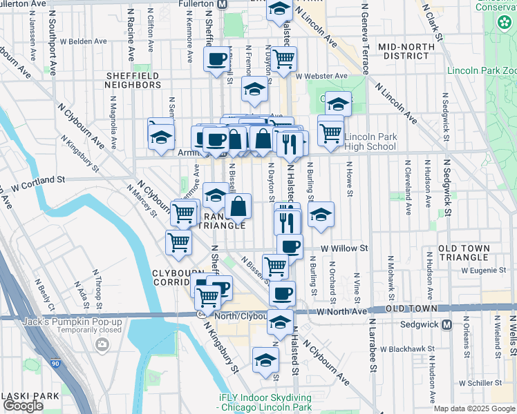 map of restaurants, bars, coffee shops, grocery stores, and more near 1875 North Fremont Street in Chicago