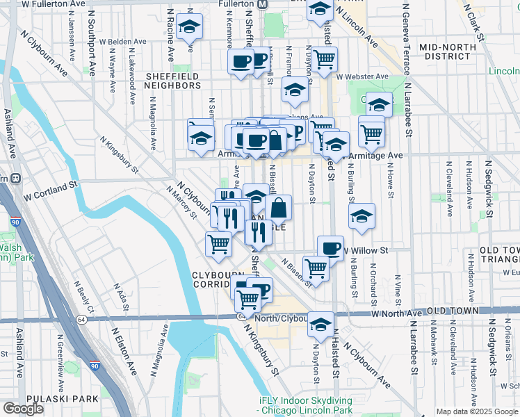 map of restaurants, bars, coffee shops, grocery stores, and more near 1876 North Bissell Street in Chicago