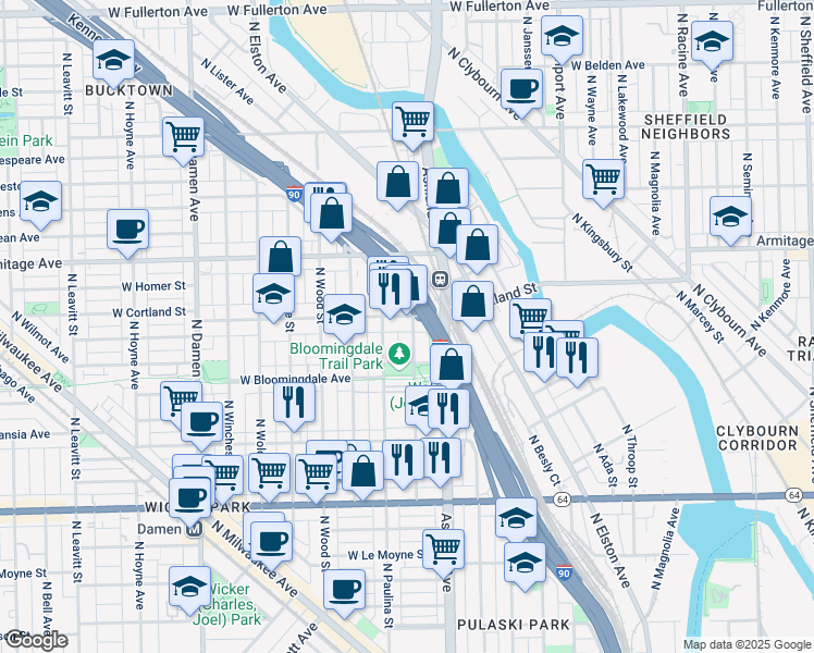 map of restaurants, bars, coffee shops, grocery stores, and more near 1627 West Cortland Street in Chicago