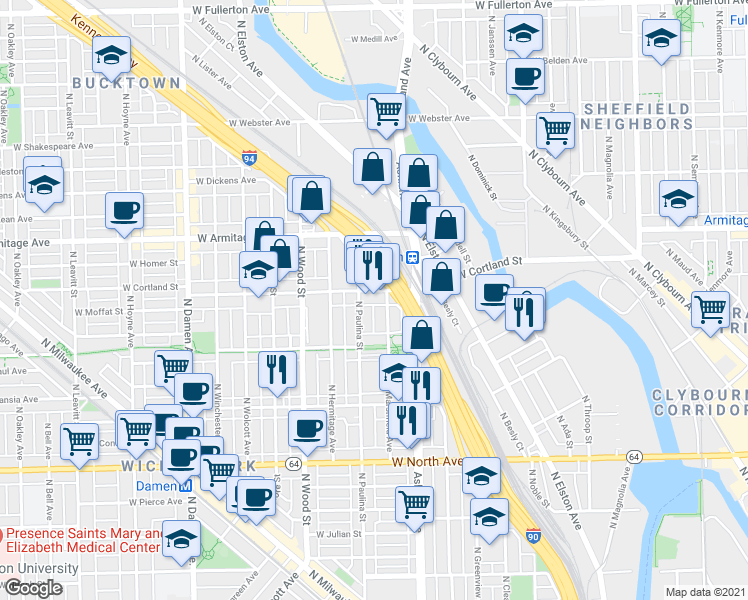 map of restaurants, bars, coffee shops, grocery stores, and more near 1627 West Cortland Street in Chicago