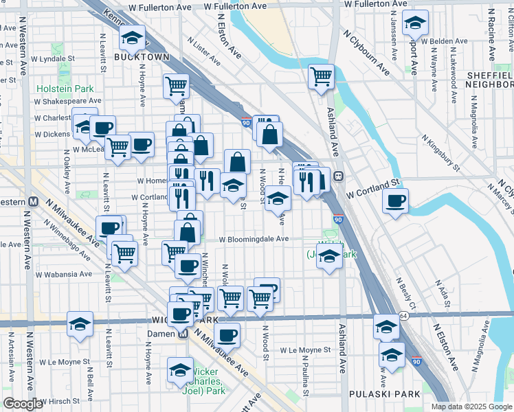 map of restaurants, bars, coffee shops, grocery stores, and more near 1815 West Cortland Street in Chicago