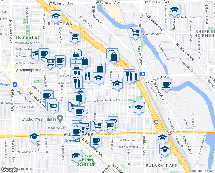 map of restaurants, bars, coffee shops, grocery stores, and more near 1815 West Cortland Street in Chicago