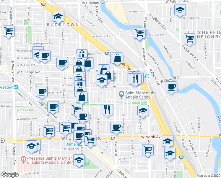 map of restaurants, bars, coffee shops, grocery stores, and more near in Chicago