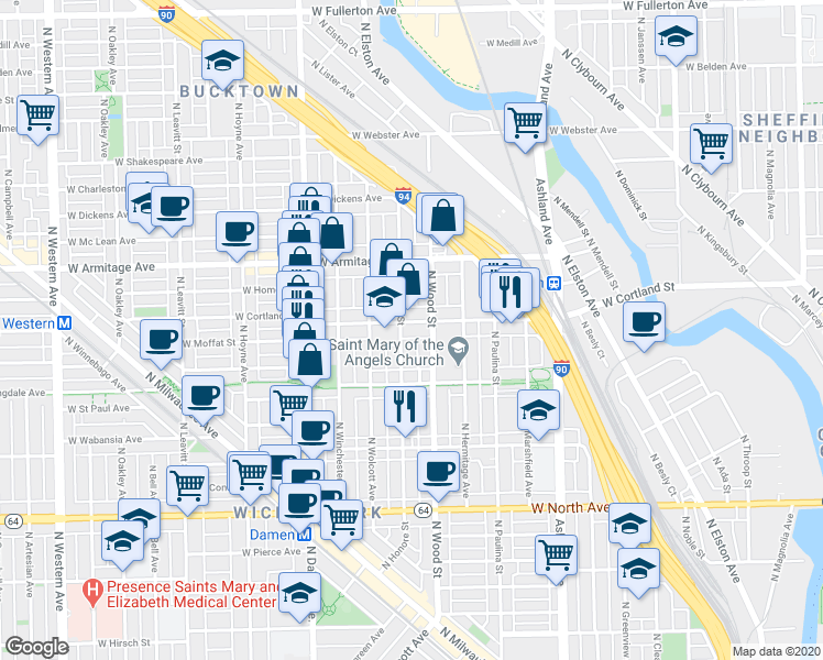 map of restaurants, bars, coffee shops, grocery stores, and more near in Chicago