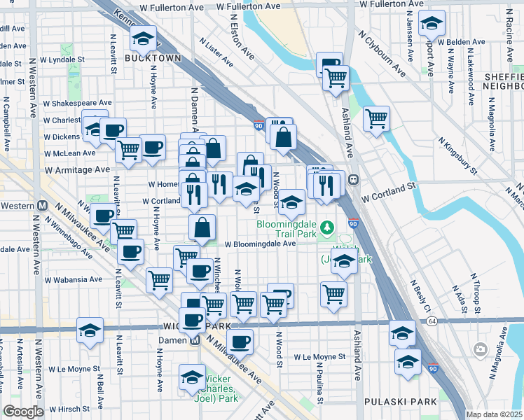 map of restaurants, bars, coffee shops, grocery stores, and more near in Chicago