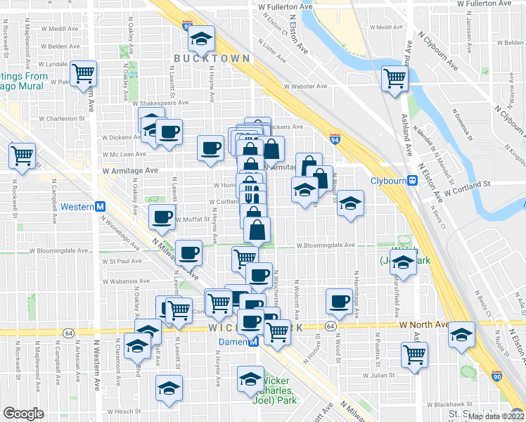 map of restaurants, bars, coffee shops, grocery stores, and more near in Chicago