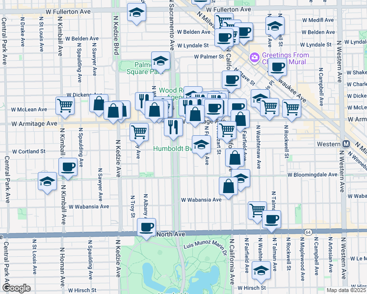 map of restaurants, bars, coffee shops, grocery stores, and more near 1911 North Humboldt Boulevard in Chicago