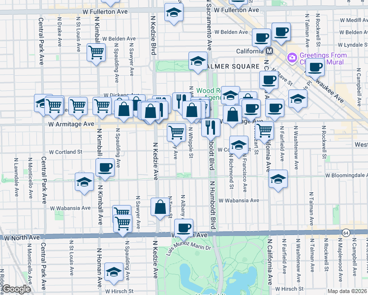 map of restaurants, bars, coffee shops, grocery stores, and more near 1911 North Albany Avenue in Chicago