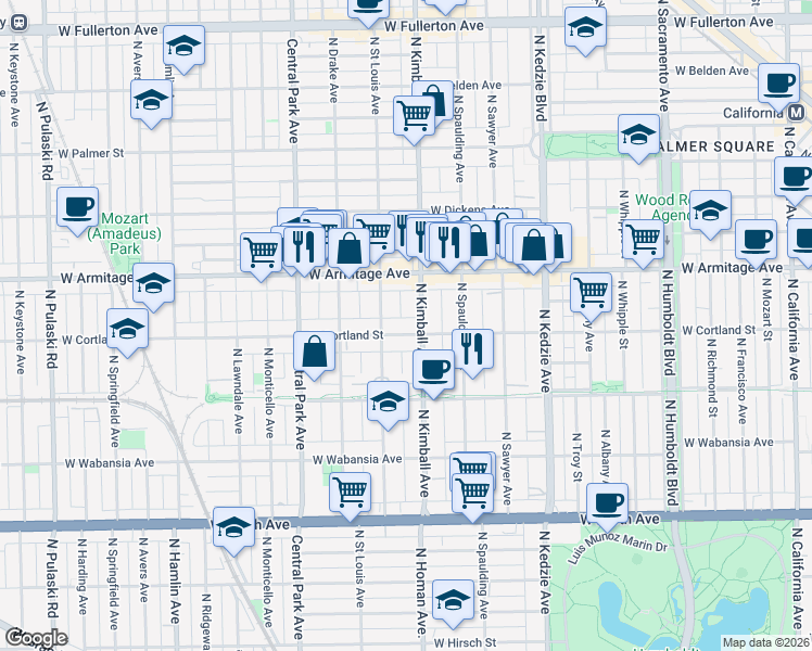 map of restaurants, bars, coffee shops, grocery stores, and more near 1916 North Kimball Avenue in Chicago