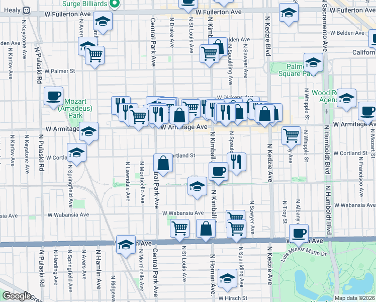 map of restaurants, bars, coffee shops, grocery stores, and more near 1916 North Saint Louis Avenue in Chicago