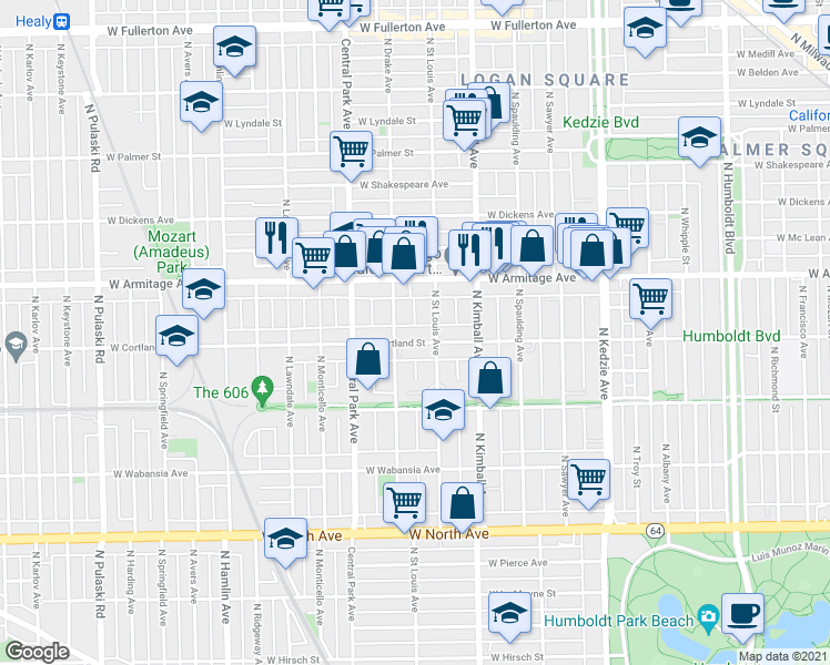 map of restaurants, bars, coffee shops, grocery stores, and more near 1916 North Saint Louis Avenue in Chicago