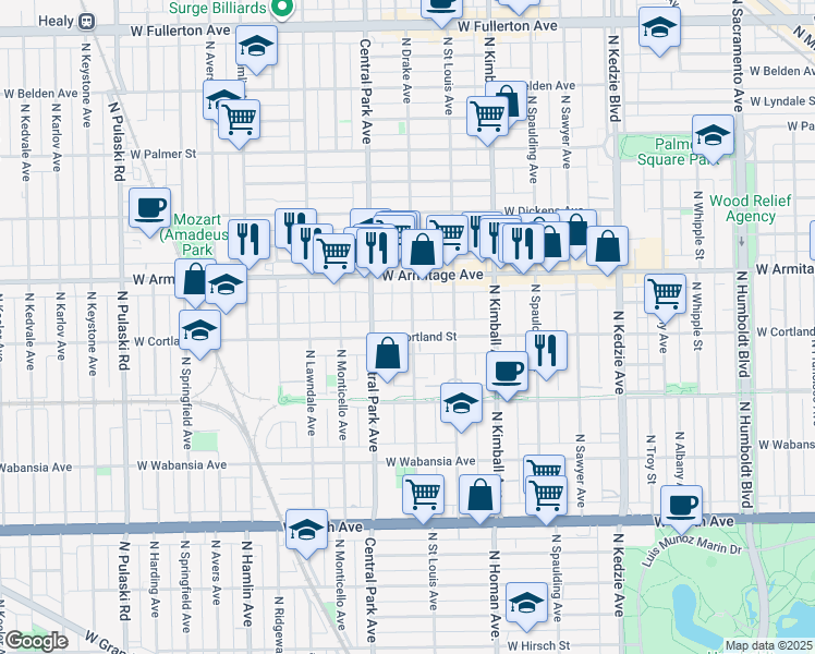 map of restaurants, bars, coffee shops, grocery stores, and more near 1918 North Drake Avenue in Chicago