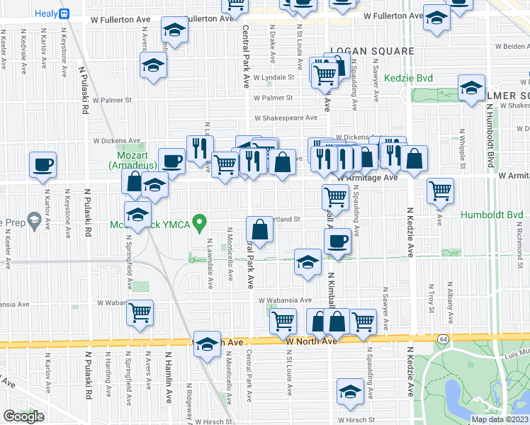 map of restaurants, bars, coffee shops, grocery stores, and more near 1918 North Drake Avenue in Chicago