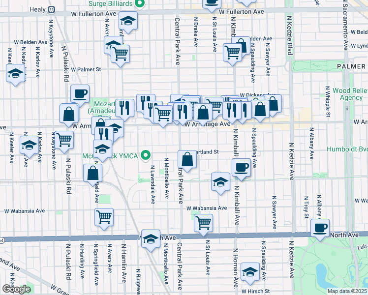 map of restaurants, bars, coffee shops, grocery stores, and more near 1916 North Central Park Avenue in Chicago