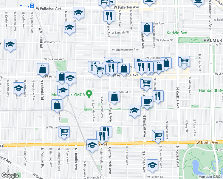 map of restaurants, bars, coffee shops, grocery stores, and more near 1916 North Central Park Avenue in Chicago