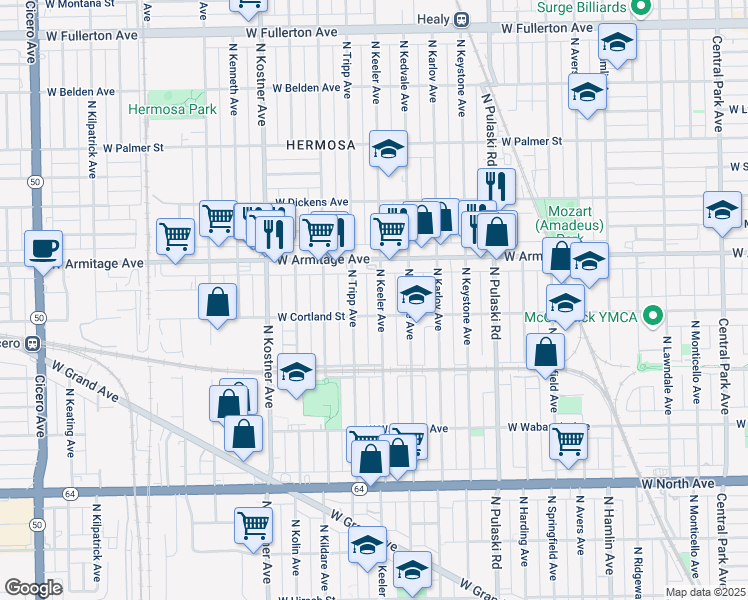 map of restaurants, bars, coffee shops, grocery stores, and more near 1923 North Tripp Avenue in Chicago