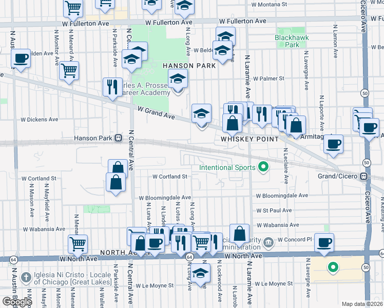 map of restaurants, bars, coffee shops, grocery stores, and more near 5358 West Hanson Avenue in Chicago