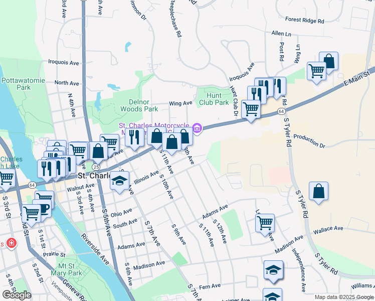 map of restaurants, bars, coffee shops, grocery stores, and more near 124-198 South 13th Avenue in St. Charles