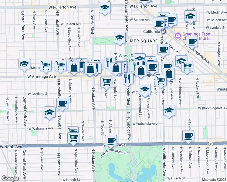 map of restaurants, bars, coffee shops, grocery stores, and more near 1911 North Whipple Street in Chicago