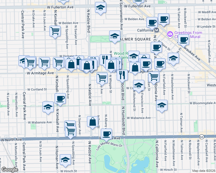 map of restaurants, bars, coffee shops, grocery stores, and more near 1911 North Albany Avenue in Chicago