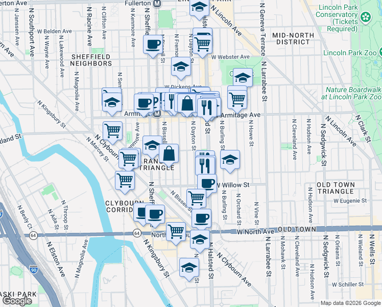 map of restaurants, bars, coffee shops, grocery stores, and more near 1870 North Dayton Street in Chicago