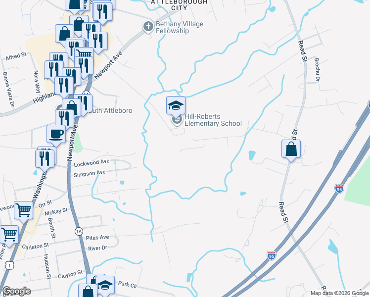 map of restaurants, bars, coffee shops, grocery stores, and more near 17 Jody Way in Attleboro