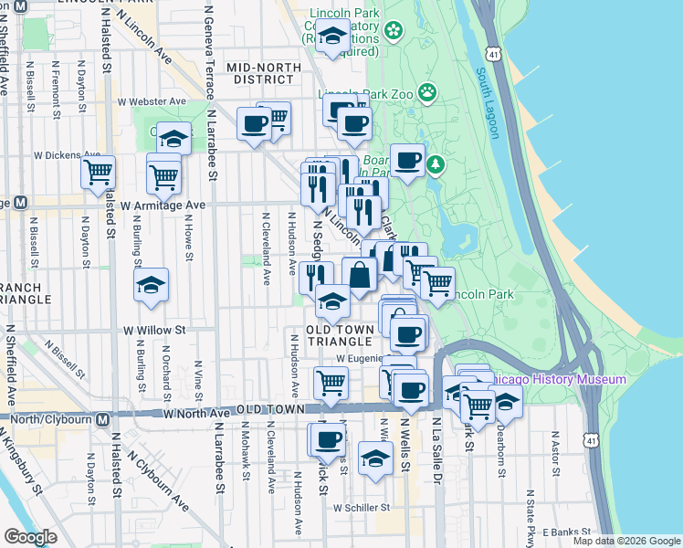 map of restaurants, bars, coffee shops, grocery stores, and more near 1838 North Orleans Street in Chicago