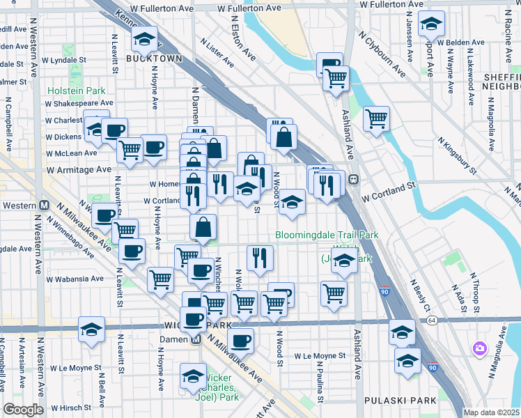 map of restaurants, bars, coffee shops, grocery stores, and more near 1825 West Cortland Street in Chicago