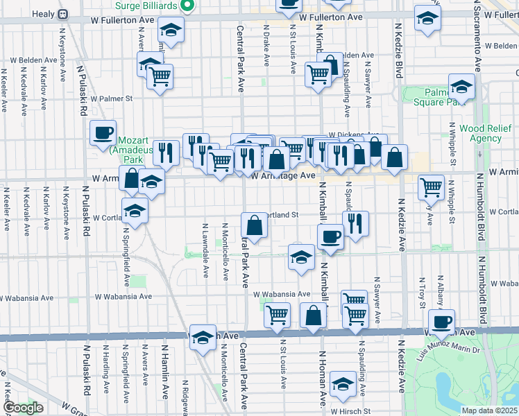 map of restaurants, bars, coffee shops, grocery stores, and more near 1918 North Drake Avenue in Chicago