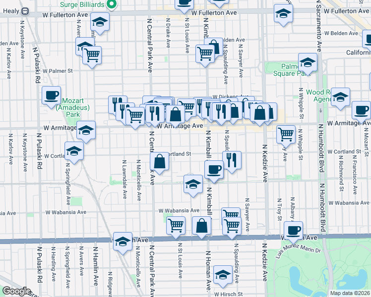 map of restaurants, bars, coffee shops, grocery stores, and more near 3510 West Cortland Street in Chicago