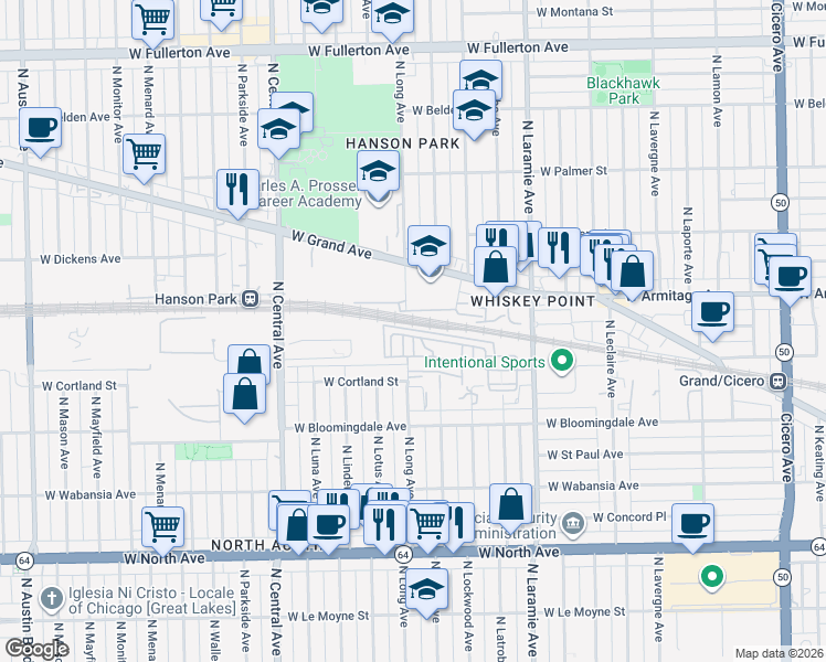 map of restaurants, bars, coffee shops, grocery stores, and more near 5358 West Hanson Avenue in Chicago