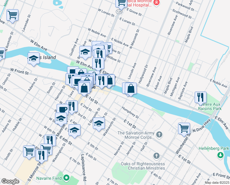 map of restaurants, bars, coffee shops, grocery stores, and more near 227 East Front Street in Monroe