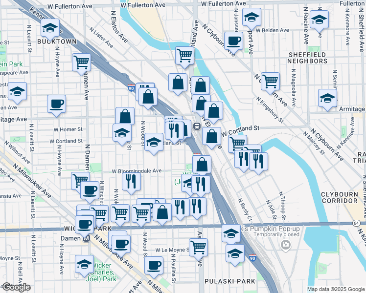 map of restaurants, bars, coffee shops, grocery stores, and more near 1635 West Cortland Street in Chicago