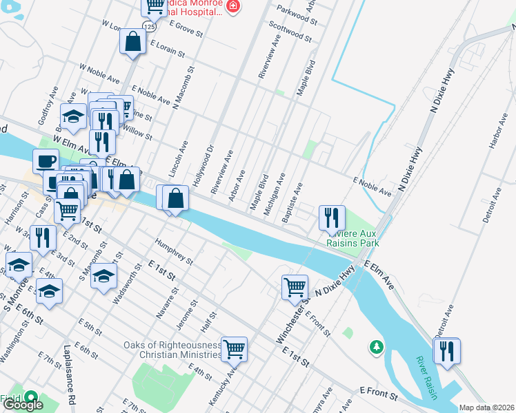 map of restaurants, bars, coffee shops, grocery stores, and more near 120 Maple Boulevard in Monroe