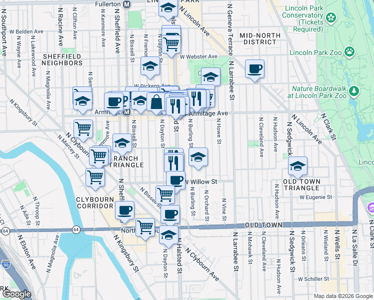 map of restaurants, bars, coffee shops, grocery stores, and more near 1877 North Halsted Street in Chicago