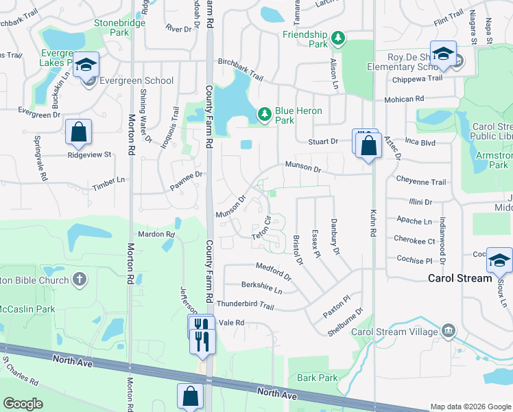 map of restaurants, bars, coffee shops, grocery stores, and more near 541 Alton Court in Carol Stream