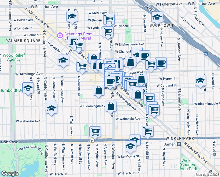 map of restaurants, bars, coffee shops, grocery stores, and more near 1900 North Western Avenue in Chicago