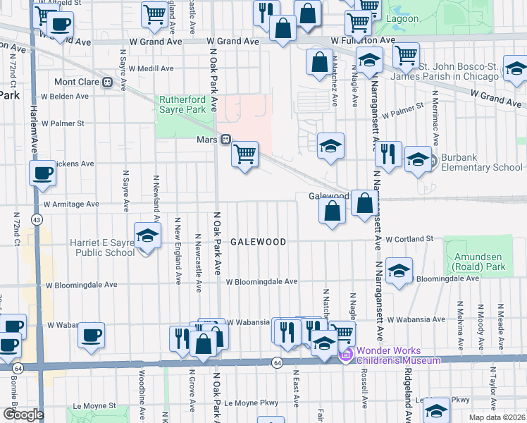 map of restaurants, bars, coffee shops, grocery stores, and more near 1947 North Normandy Avenue in Chicago