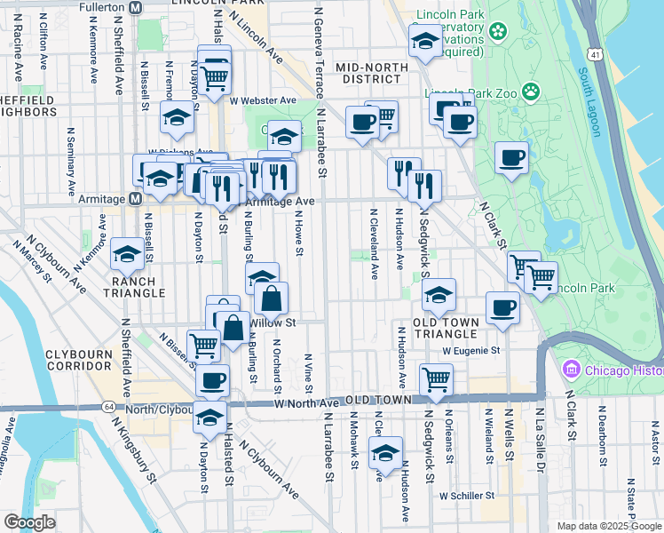 map of restaurants, bars, coffee shops, grocery stores, and more near 1845 North Larrabee Street in Chicago