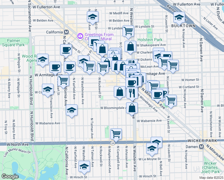 map of restaurants, bars, coffee shops, grocery stores, and more near 1906 North Campbell Avenue in Chicago
