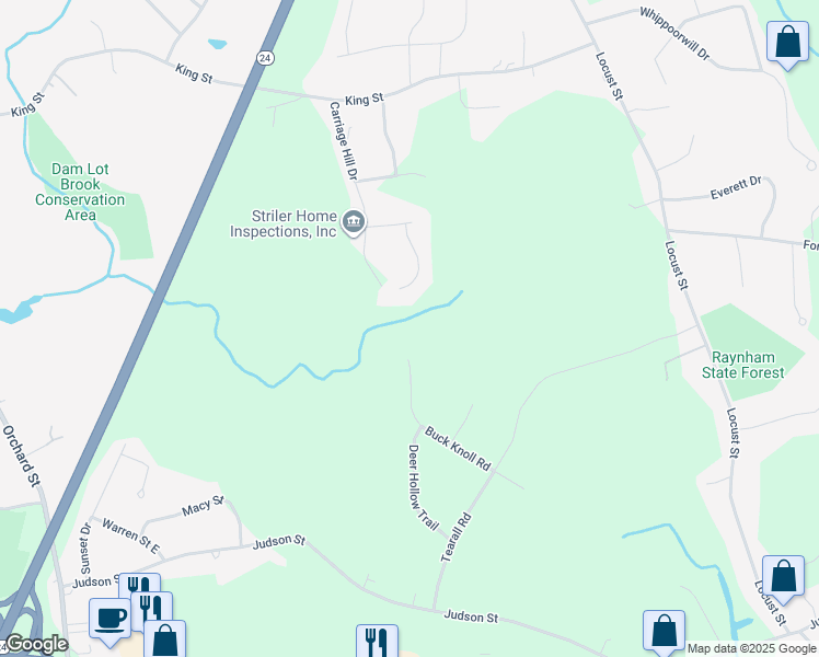 map of restaurants, bars, coffee shops, grocery stores, and more near 219 Buck Knoll Road in Raynham