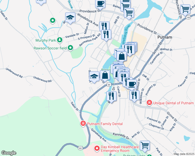 map of restaurants, bars, coffee shops, grocery stores, and more near 36b Church Street in Putnam