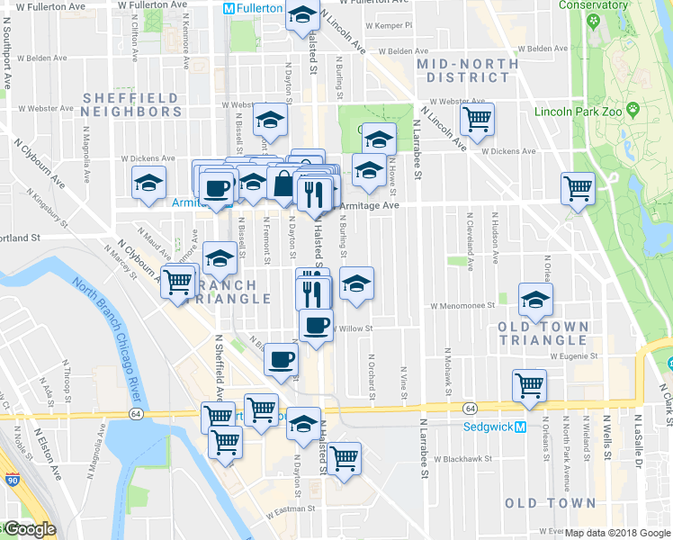 map of restaurants, bars, coffee shops, grocery stores, and more near 1877 North Halsted Street in Chicago