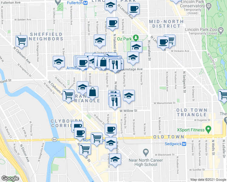 map of restaurants, bars, coffee shops, grocery stores, and more near 1875 North Dayton Street in Chicago