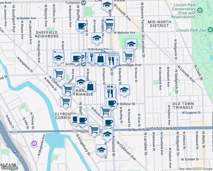 map of restaurants, bars, coffee shops, grocery stores, and more near 1875 North Dayton Street in Chicago
