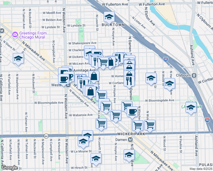 map of restaurants, bars, coffee shops, grocery stores, and more near 2121 West Cortland Street in Chicago