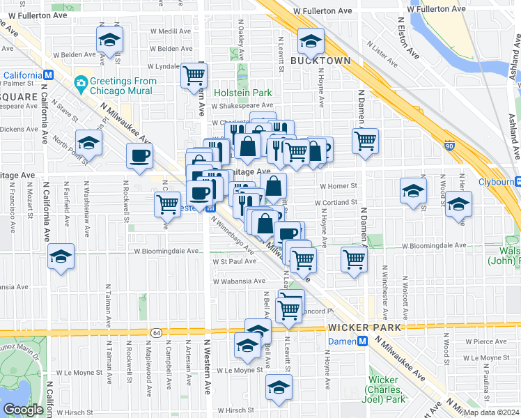 map of restaurants, bars, coffee shops, grocery stores, and more near 2239 West Cortland Street in Chicago
