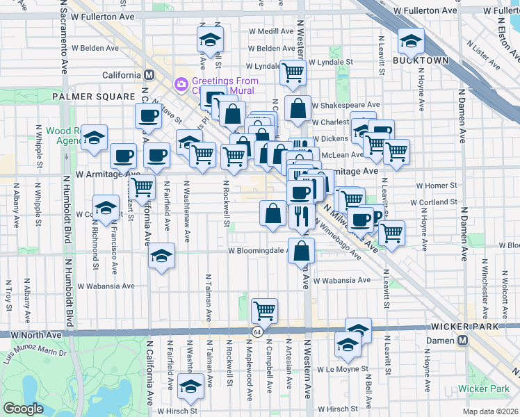 map of restaurants, bars, coffee shops, grocery stores, and more near 1906 North Campbell Avenue in Chicago