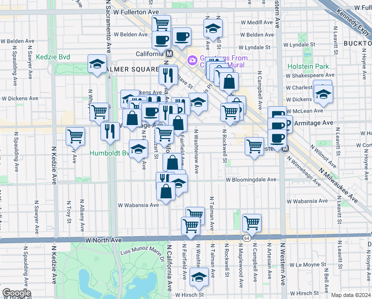 map of restaurants, bars, coffee shops, grocery stores, and more near 1908 North Fairfield Avenue in Chicago
