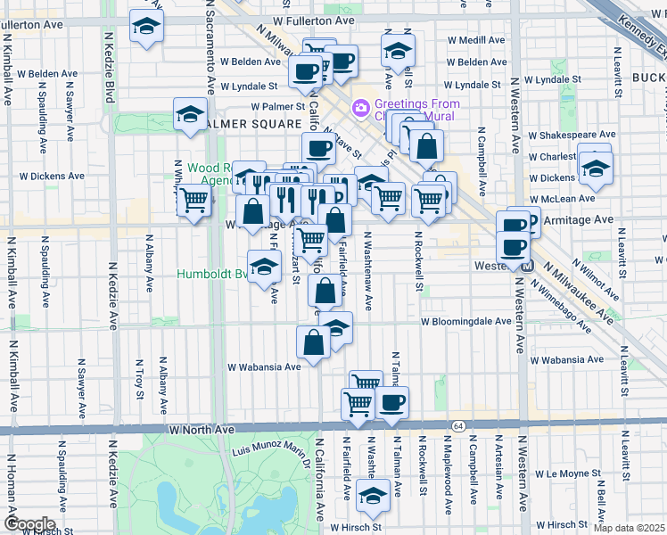 map of restaurants, bars, coffee shops, grocery stores, and more near 1908 North Fairfield Avenue in Chicago